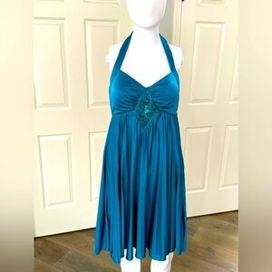 Betsy & Adam Teal Halter Pleated Mini Dress Sequin Detail Corset Padded Bust-4